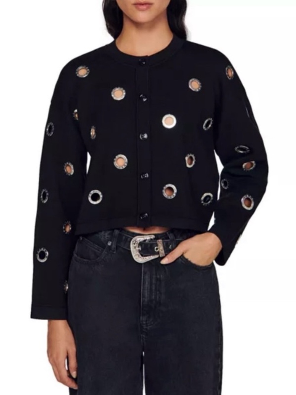 Sandro Coccinelle Eyelet/Grommet Black Sweater. Size 1 (small).